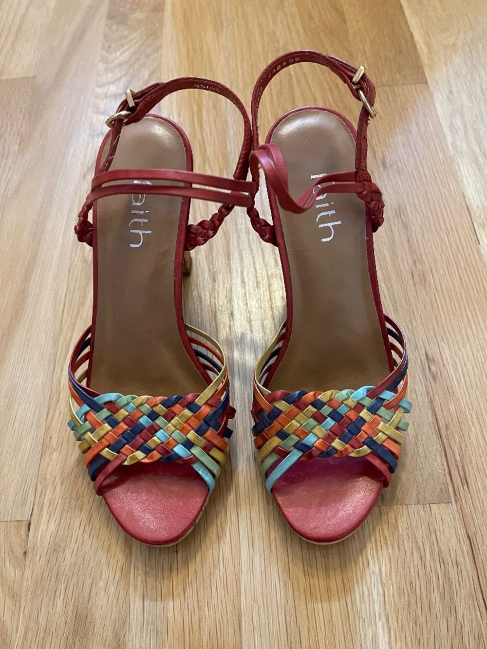 Red Multicolor Woven Strap Heeled Sandals